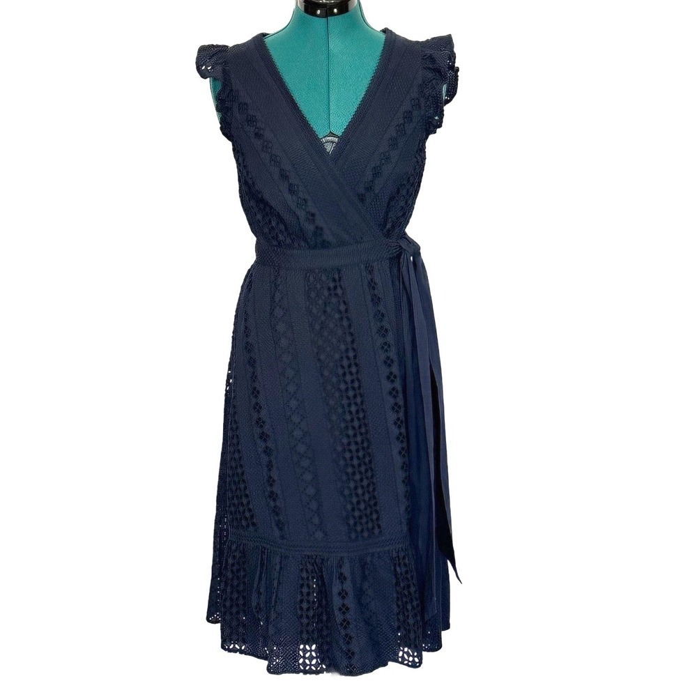 J.Crew Dress Eyelet Wrap Flutter Sleeve 2 Navy Blue Cotton Midi L2554